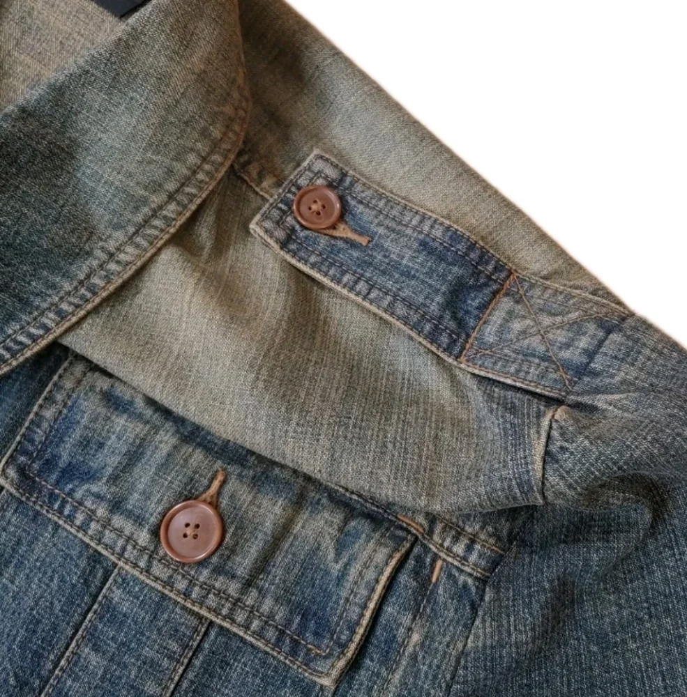 Express Military Jean Jacket Woman Large Blue Denim Button Elbow Patches Utility - Picture 6 of 12